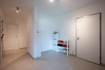 Entry apartment with white walls and doors