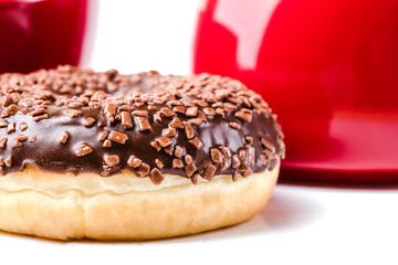 Donut. Sweet food and cup of coffee and teapot