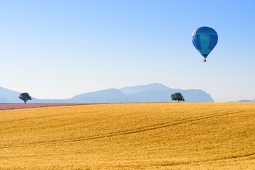 Wheat field curvy hill landscape with mountains and hot air balloon on horizon Provence France