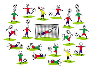 Composition of cartoon drawings of players and referees. Football and soccer.  Positive colorful background. Vector picture