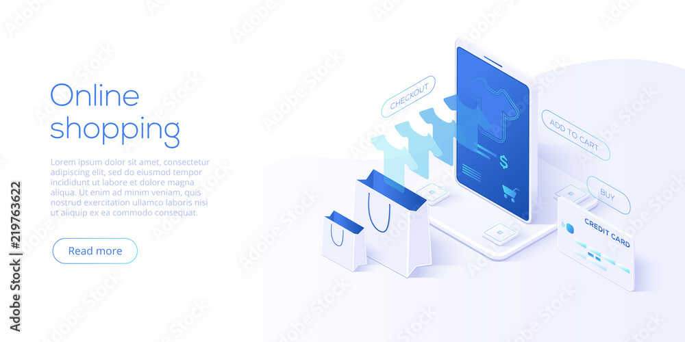 Poster online shopping or e-commerce isometric vector illustration. internet store checkput procedure conce