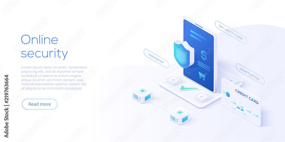 Poster mobile data security isometric vector illustration. online payment protection system concept with sm