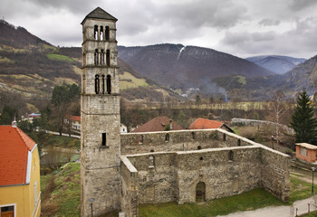 Fototapeta premium Tower of St. Luke and church of the Virgin Mary in Jajce. Bosnia and Herzegovina