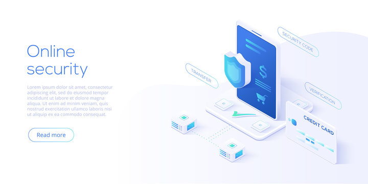 Mobile Data Security Isometric Vector Illustration. Online Payment Protection System Concept With Smartphone And Credit Card. Secure Bank Transaction With Password Verification Via Internet.