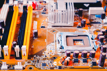 Circuit board. Electronic computer hardware technology. Shallow depth of field