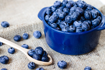 Fresh sweet blueberry fruit in spoon. Shallow depth of field