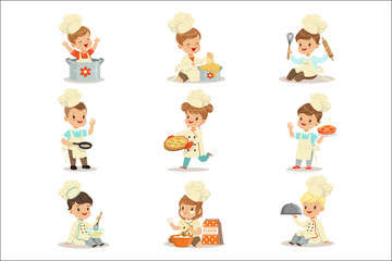 Small Kids In Chief Double-Brested Coat And Toque Hat Cooking Food And BAking Set OF Cute Cartoon Characters Preparing Meal