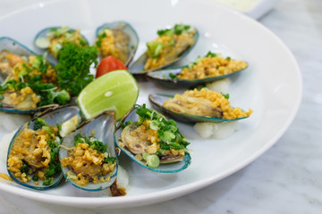fried baked mussels with cheese and garlic on white plate thai fusion food concept