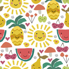Abstract cartoon nursery pattern with sun , fruits. Summer poster.