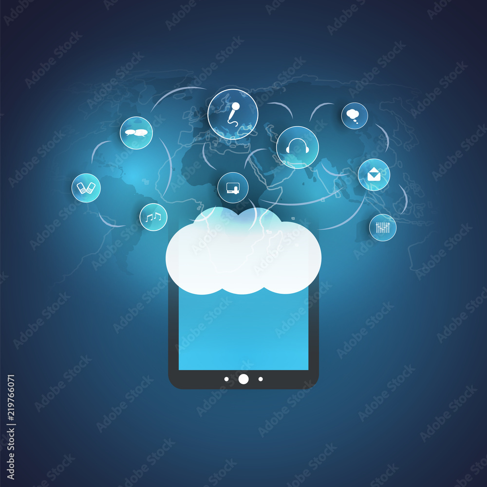 Poster cloud computing design concept with tablet pc, world map and icons representing digital media and se
