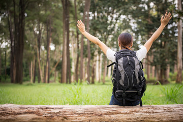 Traveling woman with backpack In the beautiful pine forest at sunset.
