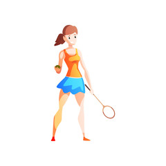 Young woman playing tennis, female sportsman character with racket in her hand, active healthy lifestyle vector Illustration on a white background