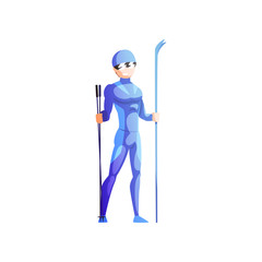 Skier sportsman, male athlete character in sportswear standing with skis, active sport lifestyle vector Illustration on a white background