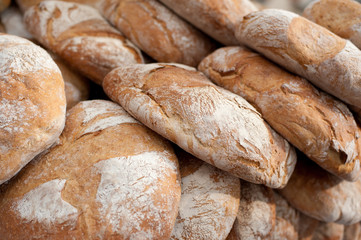 Freshly baked bread background. Appetizing, fragrant, traditional and delicious.