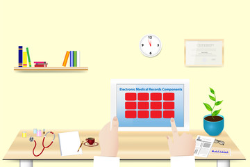 Doctor is holding tablet in her hand in office. The inscription Electronic Medical Record Components  is on the tablet screen. You can write the text of each component in the prepared boxes.