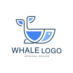 Whale logo original design, creative emblem can be used for travel agency, shipping company, seafood market, pool vector Illustration