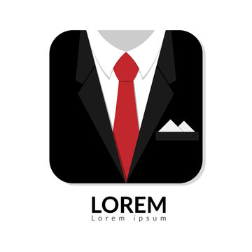 Vector Illustration Of Black Man Suit With Red Tie And White Shirt Isolated On White Background. Business Man In Suit Logo With Copy Space, Man In Suit