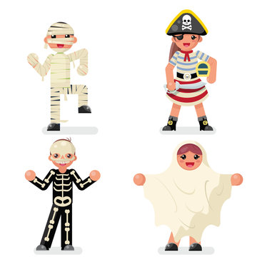 Kids costume halloween children masquerade party characters icons set flat design vector illustration