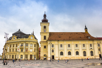 Fototapeta na wymiar Piata mare central square in historical Sibiu, Romania