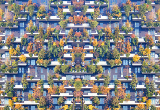 MILAN, ITALY, NOVEMBER 23, 2017 Business District smart city building a part of the economic Zone, modern condo building with trees growing on balconies, Bosco Verticale residential towers.