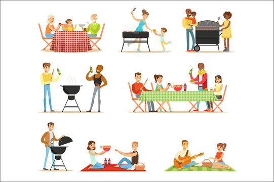 People On BBQ Picnic Outdoors Eating And Cooking Grilled Meat On Electric Barbecue Grill Set Of Scenes