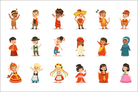 Kids Wearing National Costumes Of Different Countries Set Of Cute Boys And Girls In Clothes Representing Nationality