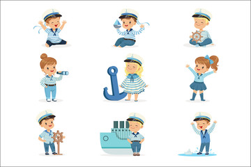 Small Children In Sailors Costumes Dreaming Of Sailing The Seas, Playing With Toys Adorable Cartoon Characters