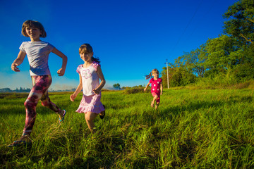 Fototapeta premium Group of happy kids running in green summer field