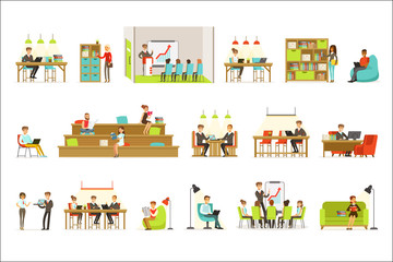 Naklejka premium Coworking Workplace, Freelancers Sharing Space And Ideas In Office Where They Work Together Set Of Illustrations