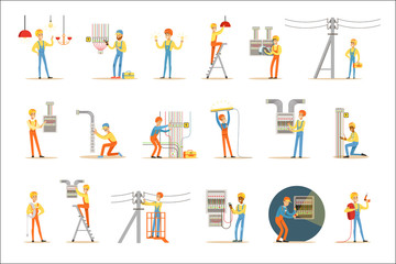 Electrician In Uniform And Hard Hat Working With Electric Cables And Wires, Fixing Electricity Problems Indoors And Outdoors Set Of Illustrations