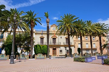 Fototapeta na wymiar Front view of the town hall in the Plaza de la Laguna, Ayamonte, Spain.