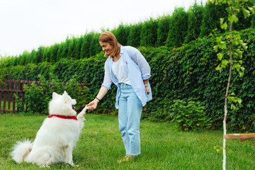 Dog in garden. Stylish blonde-haired woman feeling relaxed and rested while playing with dog in the garden