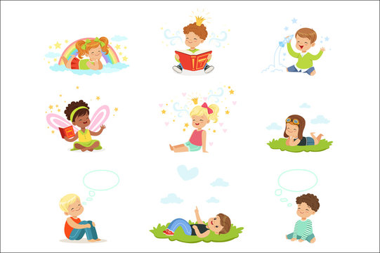 Happy and lovely children play and dream. Cartoon detailed colorful Illustrations