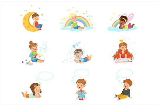Happy kids dreaming and fantasizing. Cartoon detailed colorful Illustrations