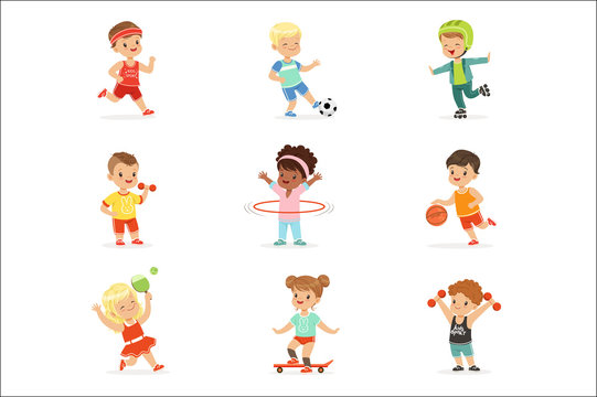 Small Kids Playing Sportive Games And Enjoying Different Sports Exercises Outdoors And In Gym Set Of Cartoon Illustrations