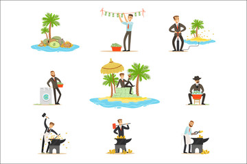 Fototapeta premium Illegal Money Laundering And Using Offshores Series Of Illustrations With Corrupt Businessman Washing Dirty Money