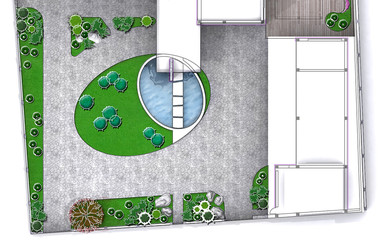 Entertaining backyard aerial view, rendering sketch