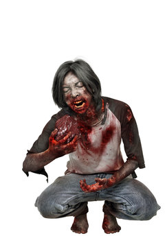 Creepy zombie man eat the raw meat