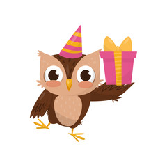 Lovely little owlet wearing party hat holding gift box, cute bird cartoon character vector Illustration on a white background