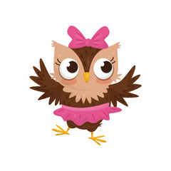 Lovely little owlet girl wearing pink skirt and bow, cute bird cartoon character vector Illustration on a white background