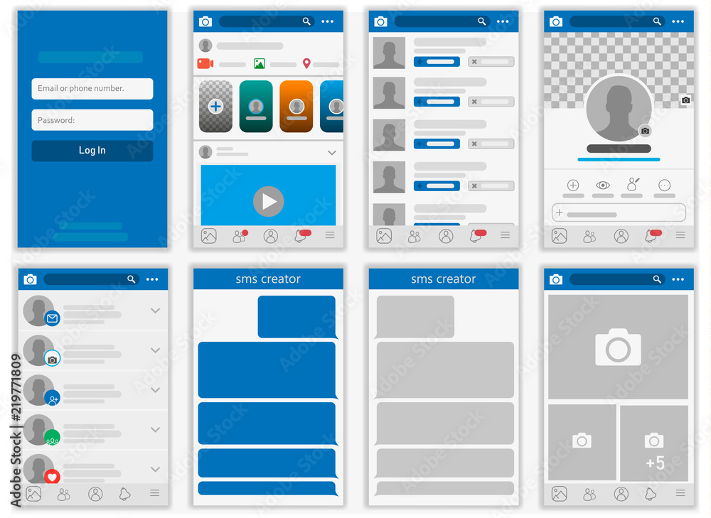 Poster social network mock up, post frames and other pages vector illustration.