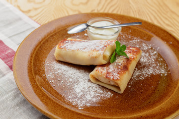 Russian pancakes healthy breakfast dish close up