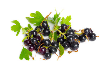 Berries black currant with green leaf. Fresh fruit, isolated on white background.