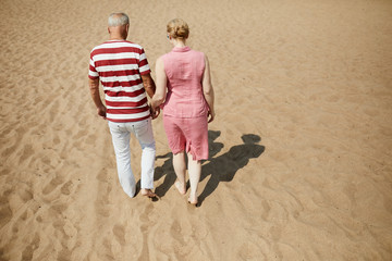 Affectionate senior couple in casualwear walking down sandy beach on hot summer day