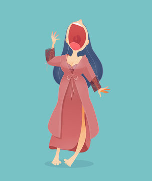 Cartoon woman in nightwear and robe standing yawn against blue background, Vector Cartoon