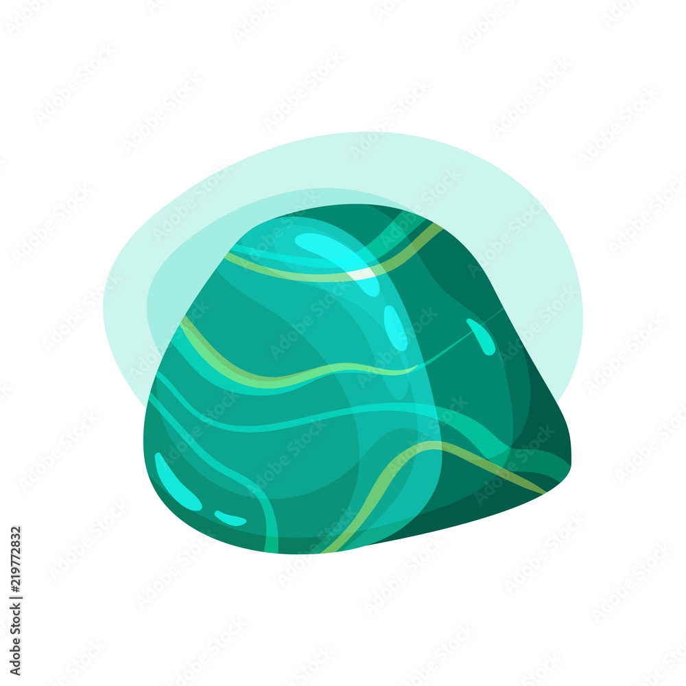 Poster flat vector icon of shiny precious stone. glossy malachite with striped pattern. smooth turquoise ge