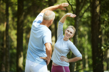 Senior active couple doing side-bends in natural environment while standing in front of each other