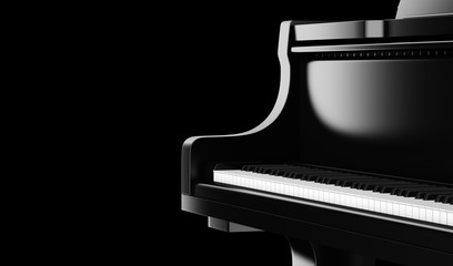closeup black grand piano isolated on black background