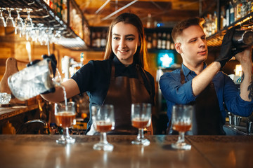 Male and female bartender at the bar counter
