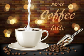 Latte coffee cup with milk splash and beans ads. 3d illustration of hot coffee mug. Product retro design with bokeh and brick background. Vector